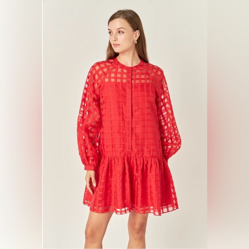 English Factory Checkered Organza Mini Dress Red Puff Sleeve Drop Waist NWT